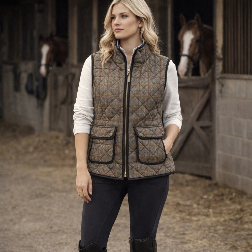 KENAR Quilted Plaid Vest Women's‎ XL Full Zip Pockets Equestrian Heritage Prep